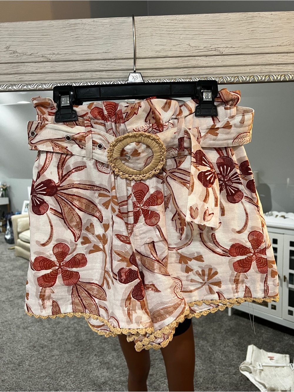 Sam Edelman Cream Shorts with Rust Floral Print and Woven Buckle